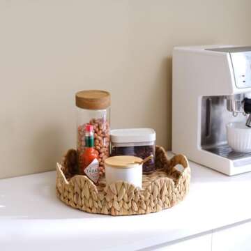 Yangqihome Round Scalloped Serving Tray, 14 inch Decorative Water Hyacinth Scalloped Basket with Built-in Handles, Round Ottoman Trays for Coffee Table for Kitchen and Living Room