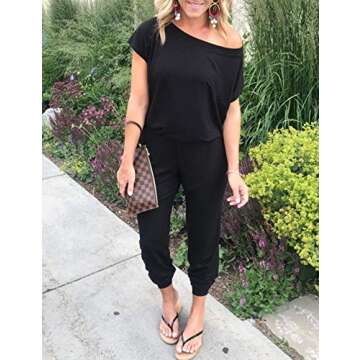 Weilim Women's Casual Cold Shoulder Short Sleeve Loose Jumpsuit Rompers Pockets Top L-Black M