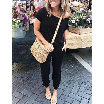 Weilim Women's Casual Cold Shoulder Short Sleeve Loose Jumpsuit Rompers Pockets Top L-Black M