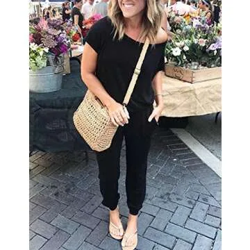 Weilim Women's Casual Cold Shoulder Short Sleeve Loose Jumpsuit Rompers Pockets Top L-Black M