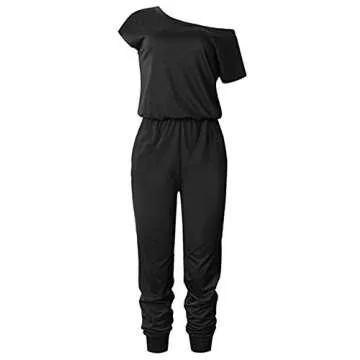 Weilim Women's Casual Cold Shoulder Short Sleeve Loose Jumpsuit Rompers Pockets Top L-Black M