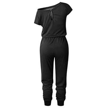 Weilim Women's Casual Cold Shoulder Short Sleeve Loose Jumpsuit Rompers Pockets Top L-Black M