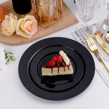 Bestluck 50PCS Black Plastic Plates, Black Disposable Plates for 25 Guests, 25 Black Dinner Plates 10.25 inch and 25 Dessert Plates 7.5 inch, Black Plates for Party, Wedding and Dinner