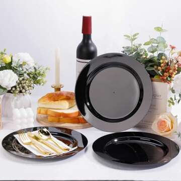 Bestluck 50PCS Black Plastic Plates, Black Disposable Plates for 25 Guests, 25 Black Dinner Plates 10.25 inch and 25 Dessert Plates 7.5 inch, Black Plates for Party, Wedding and Dinner
