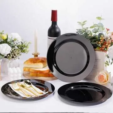 Bestluck 50PCS Black Plastic Plates, Black Disposable Plates for 25 Guests, 25 Black Dinner Plates 10.25 inch and 25 Dessert Plates 7.5 inch, Black Plates for Party, Wedding and Dinner