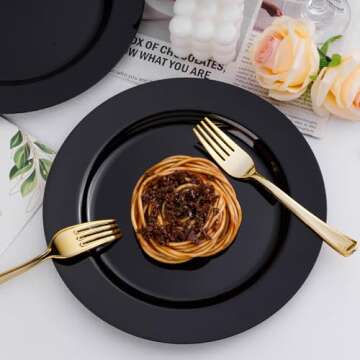Bestluck 50PCS Black Plastic Plates, Black Disposable Plates for 25 Guests, 25 Black Dinner Plates 10.25 inch and 25 Dessert Plates 7.5 inch, Black Plates for Party, Wedding and Dinner