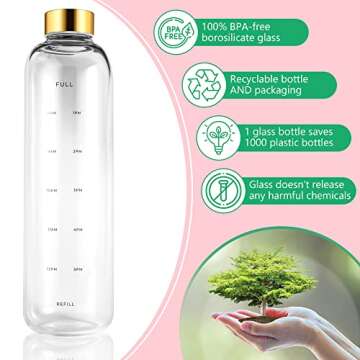 Rose Noire Glass Water Bottles With Times to Drink - CLEAR 32 oz, Reusable, Cute Aesthetic, Eco Frie...