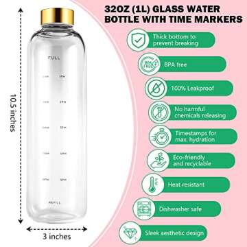 Rose Noire Glass Water Bottles With Times to Drink - CLEAR 32 oz, Reusable, Cute Aesthetic, Eco Friendly BPA Free, Leak Proof Water Bottle With Time Marker - Gifts for Women or Mothers Day