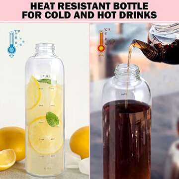 Rose Noire Glass Water Bottles With Times to Drink - CLEAR 32 oz, Reusable, Cute Aesthetic, Eco Friendly BPA Free, Leak Proof Water Bottle With Time Marker - Gifts for Women or Mothers Day