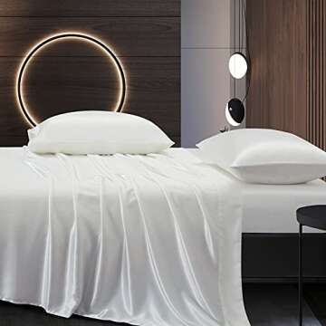 RedTom Silk Satin Sheets Full Size, Ivory White Silk Sheets Set, 4-Pcs Ultra Soft Silky 15" Deep Pocket Satin Bed Sheets Set with 1 Fitted Sheet, 1 Flat Sheet and 2 Envelope Pillow Cases