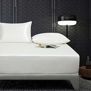 RedTom Silk Satin Sheets Full Size, Ivory White Silk Sheets Set, 4-Pcs Ultra Soft Silky 15" Deep Pocket Satin Bed Sheets Set with 1 Fitted Sheet, 1 Flat Sheet and 2 Envelope Pillow Cases