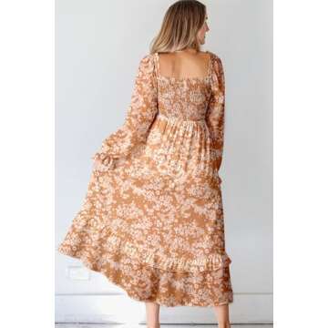 Dokotoo Wedding Guest Dresses for Women Boho Floral Long Sleeve Square Neck Smocked Ruffle Casual El...