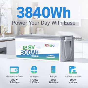 Redodo LiFePO4 Battery 12V 300Ah, Max. 2560W Power Output, Built in 200A BMS, 4000-15000 Deep Cycles & 10-Year Lifetime, Perfect for RV, Marine, Trolling Motor, Solar Off-Grid System