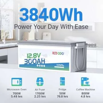 Redodo LiFePO4 Battery 12V 300Ah, Max. 2560W Power Output, Built in 200A BMS, 4000-15000 Deep Cycles & 10-Year Lifetime, Perfect for RV, Marine, Trolling Motor, Solar Off-Grid System