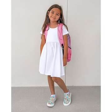 Stelle Toddler/Girls Knee-Length Short Sleeve Casual A-Line Twirly Skater Dress (A02-White (without Pocket), 5T)
