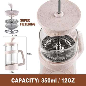 Sivaphe Small French Press 12 fl.oz Light-weight Durable High Borosilicate Carafe with Stainless Steel Filter 0.35L Coffee Maker Frothed