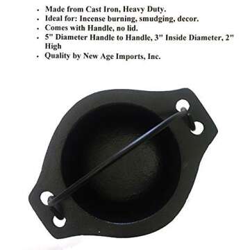 Cast Iron Cauldron w/Handle, Ideal for smudging, Incense Burning, Ritual Purpose, Decoration, Candle Holder, etc. (5" Diameter Handle to Handle, 3" Inside Diameter)
