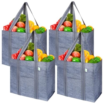 VENO 4 Pack Reusable Grocery Bags - Heavy-Duty Shopping Bags with Hard Bottom (Gray)