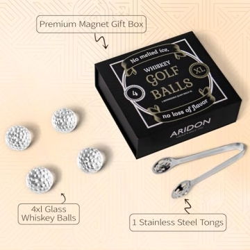 Aridon - Golf Ball Chiller Whiskey Balls, 4-Piece Crystal-Clear Glass Whiskey Stones Large Size, Reusable Whiskey Sphere Stone Set with Ice Ball Tongs, Whiskey Gifts for Men, 1.57”