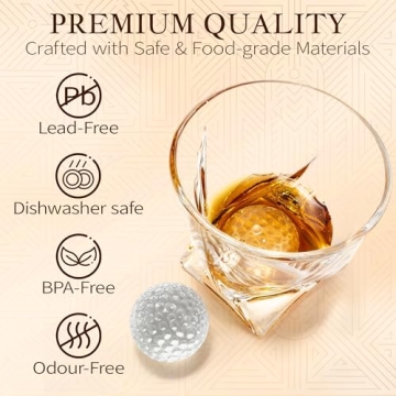 Aridon - Golf Ball Chiller Whiskey Balls, 4-Piece Crystal-Clear Glass Whiskey Stones Large Size, Reusable Whiskey Sphere Stone Set with Ice Ball Tongs, Whiskey Gifts for Men, 1.57”