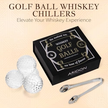 Aridon - Golf Ball Chiller Whiskey Balls, 4-Piece Crystal-Clear Glass Whiskey Stones Large Size, Reusable Whiskey Sphere Stone Set with Ice Ball Tongs, Whiskey Gifts for Men, 1.57”