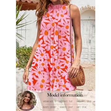 KIRUNDO Women's 2024 Summer Boho Floral Halter Neck Sleeveless Mini Dress Loose Tank Top Pleated Sho...