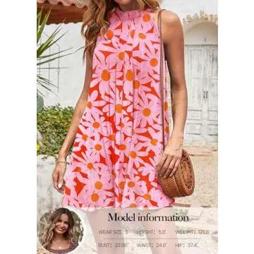 KIRUNDO Women's 2024 Summer Boho Floral Halter Neck Sleeveless Mini Dress Loose Tank Top Pleated Sho...
