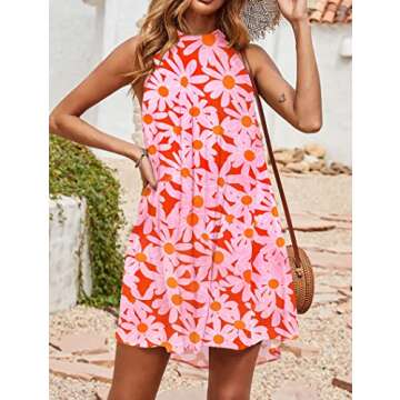 KIRUNDO Women's 2024 Summer Boho Floral Halter Neck Sleeveless Mini Dress Loose Tank Top Pleated Short Beach Sundress(Floral Red Red, Small)