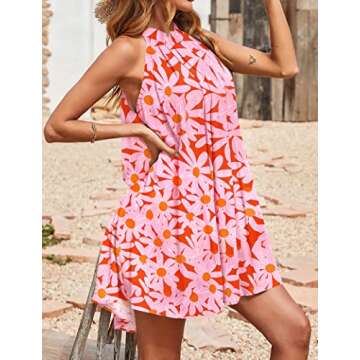 KIRUNDO Women's 2024 Summer Boho Floral Halter Neck Sleeveless Mini Dress Loose Tank Top Pleated Short Beach Sundress(Floral Red Red, Small)