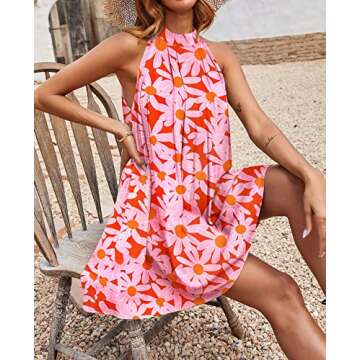 KIRUNDO Women's 2024 Summer Boho Floral Halter Neck Sleeveless Mini Dress Loose Tank Top Pleated Short Beach Sundress(Floral Red Red, Small)