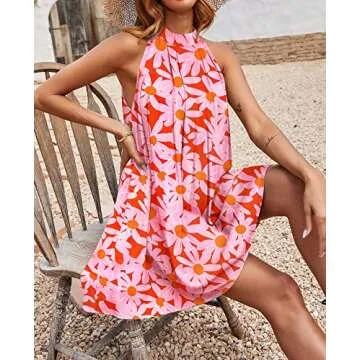KIRUNDO Women's 2024 Summer Boho Floral Halter Neck Sleeveless Mini Dress Loose Tank Top Pleated Short Beach Sundress(Floral Red Red, Small)