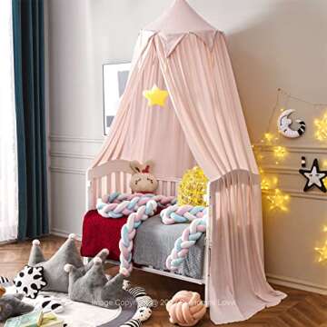 Hommi Lovvi Princess Bed Canopy for Girls, Dreamy Tassels Ceiling Canopy Net Kids Room Decor Soft Nursery Crib Canopy Reading Nook, Large Children Canopies Full Queen Size with Lights - Light Pink