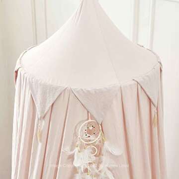 Hommi Lovvi Princess Bed Canopy for Girls, Dreamy Tassels Ceiling Canopy Net Kids Room Decor Soft Nursery Crib Canopy Reading Nook, Large Children Canopies Full Queen Size with Lights - Light Pink