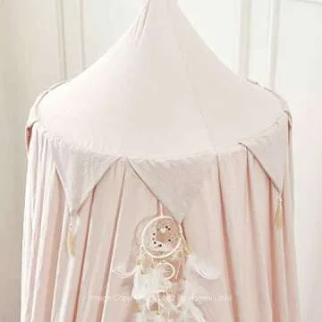 Hommi Lovvi Princess Bed Canopy for Girls, Dreamy Tassels Ceiling Canopy Net Kids Room Decor Soft Nursery Crib Canopy Reading Nook, Large Children Canopies Full Queen Size with Lights - Light Pink