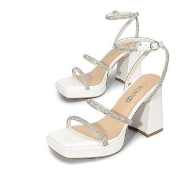 DREAM PAIRS Women's Platform Strappy Heels Open Toe Ankle Strap Square Party Sandals Y2K Dress Shoes,Size 8,White-Rhinestone,SDHS2346W