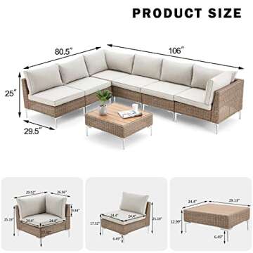 GYUTEI 7 Pieces Outdoor Patio Furniture Set,Boho Outdoor Conversation Set, All Weather Wicker Rattan Patio Sectional Sofa with Thick Cushions and Coffee Table for Garden, Backyard (Gray)