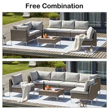 GYUTEI 7 Pieces Outdoor Patio Furniture Set,Boho Outdoor Conversation Set, All Weather Wicker Rattan Patio Sectional Sofa with Thick Cushions and Coffee Table for Garden, Backyard (Gray)
