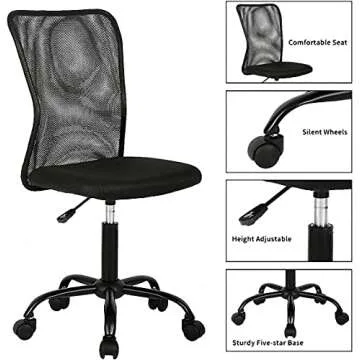 Small Office Chair No Arms Desk Chair with Wheels, Adjustable Mid Back for Small Space Ergonomic Task Chair Armless Mesh Chair Simple Modern Computer Chair for Home Office Bedroom, Black