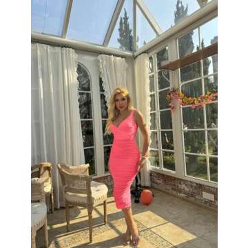BEAGIMEG Women's Sexy Bodycon Sleeveless Ruched Mesh Club Party Midi Dress fluopink