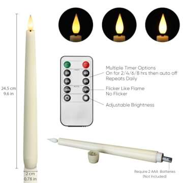 Homemory 6 Pcs Waxy Flameless Taper Candles with Remote, Flickering Battery Operated Taper Candles, Led Flameless Candlesticks Classic Tall Taper Candles for Home, Wedding, Party, Ivory, 9.6 inches