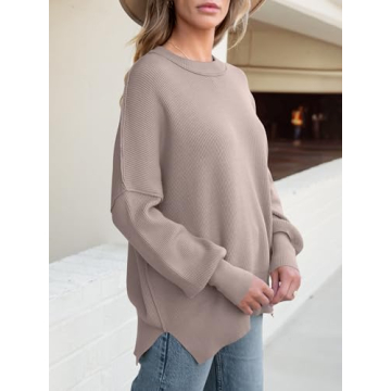 ANRABESS Women Crewneck Batwing Long Sleeve 2024 Fall Oversized Side Slit Ribbed Knit Pullover Sweaters Top Cozy Outfits Pink Apricot Medium