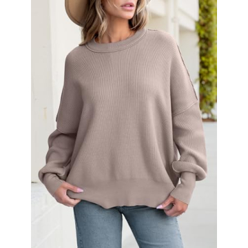 ANRABESS Women Crewneck Batwing Long Sleeve 2024 Fall Oversized Side Slit Ribbed Knit Pullover Sweaters Top Cozy Outfits Pink Apricot Medium