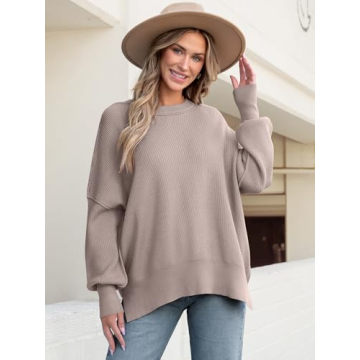 ANRABESS Women Crewneck Batwing Long Sleeve 2024 Fall Oversized Side Slit Ribbed Knit Pullover Sweaters Top Cozy Outfits Pink Apricot Medium