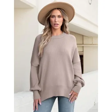 ANRABESS Women Crewneck Batwing Long Sleeve 2024 Fall Oversized Side Slit Ribbed Knit Pullover Sweaters Top Cozy Outfits Pink Apricot Medium