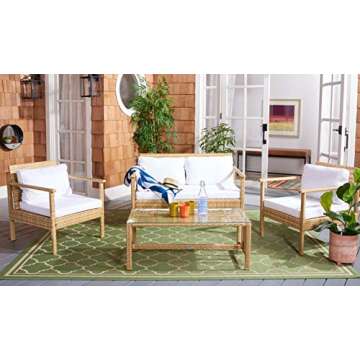 SAFAVIEH Outdoor Collection Garnen Wicker Cushion 4-Piece Living Set PAT7714D, Natural/White