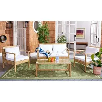 SAFAVIEH Outdoor Collection Garnen Wicker Cushion 4-Piece Living Set PAT7714D, Natural/White