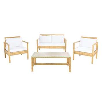 SAFAVIEH Outdoor Collection Garnen Wicker Cushion 4-Piece Living Set PAT7714D, Natural/White