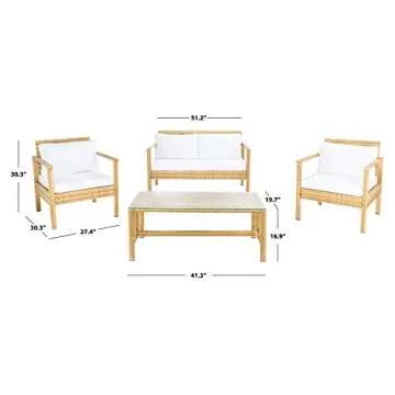 SAFAVIEH Outdoor Collection Garnen Wicker Cushion 4-Piece Living Set PAT7714D, Natural/White