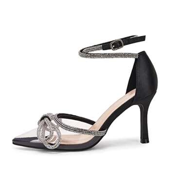 Coutgo Women's Clear Heels Closed Toe Pointed Rhinestone Heels Wedding Bridal Dress Shoes Ankle Strap Mid Heel Stiletto Pumps Shoes Black