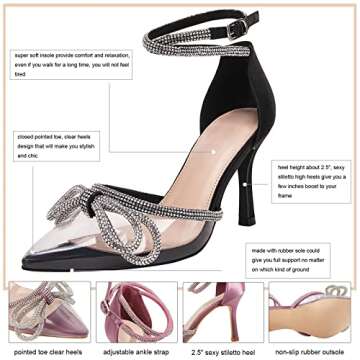 Coutgo Women's Clear Heels Closed Toe Pointed Rhinestone Heels Wedding Bridal Dress Shoes Ankle Strap Mid Heel Stiletto Pumps Shoes Black